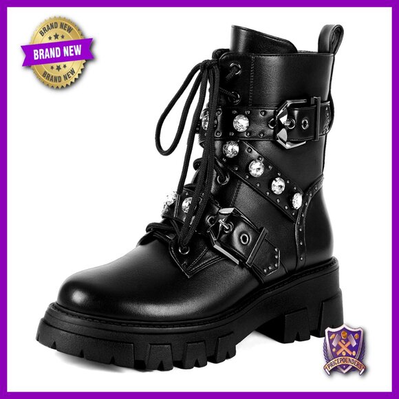 Women's Combat Boots with Rhinestone Studs Chunky Heel Side Zipper